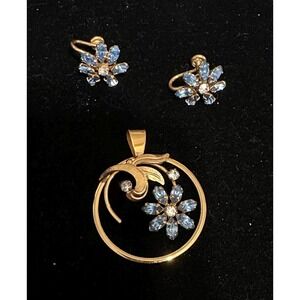 Van Dell 12k GF Pendant & Screwback Earrings Blue Rhinestones Circle Flowers